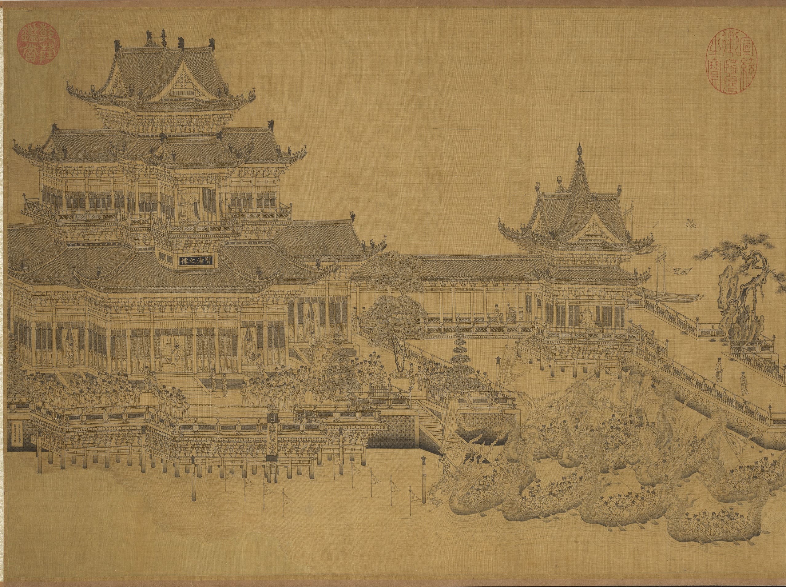 元代王振鵬〈寶津競渡圖〉卷，36.6 × 183.4公分。國立故宮博物院提供。